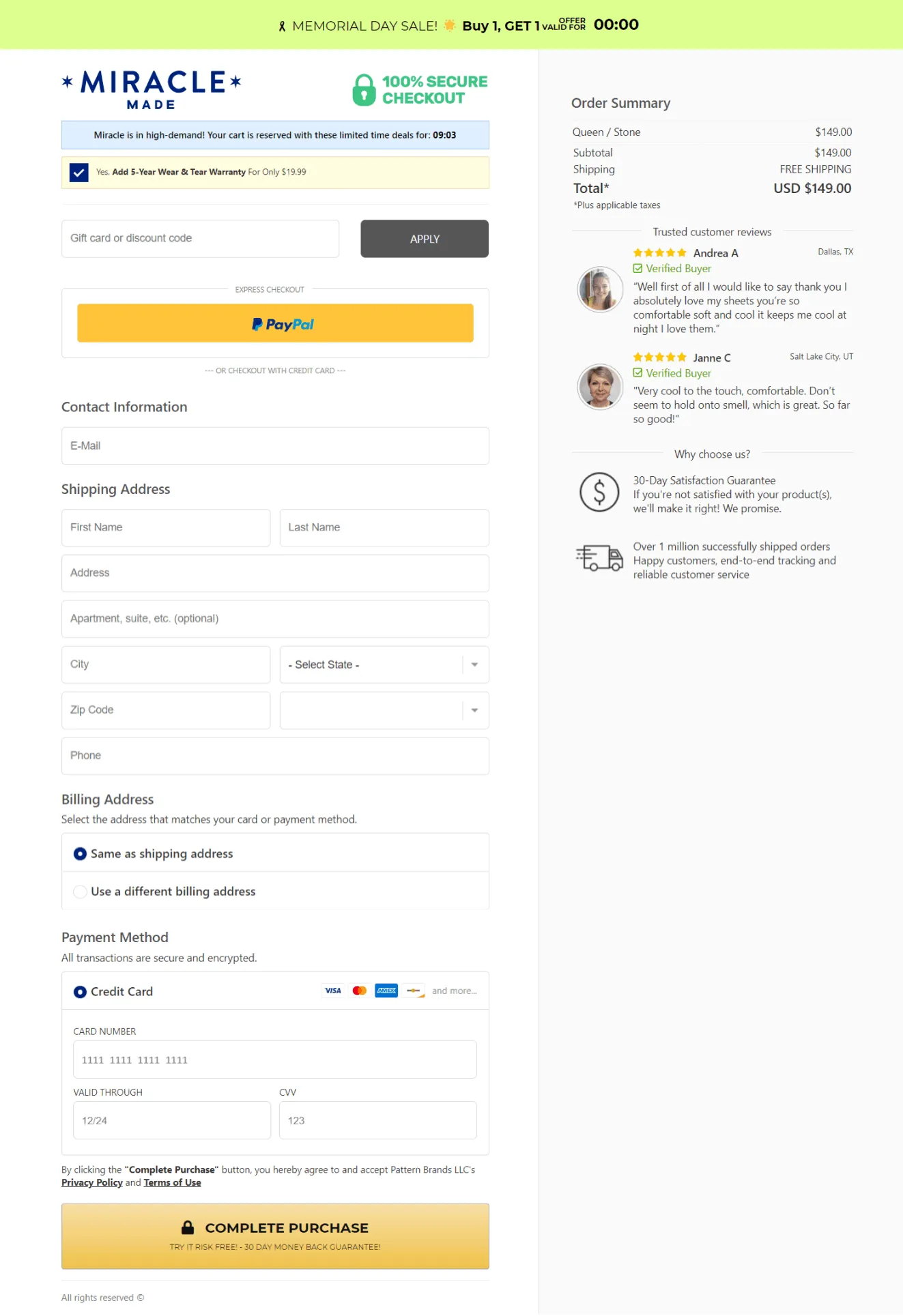 Miracle Sheets checkout page